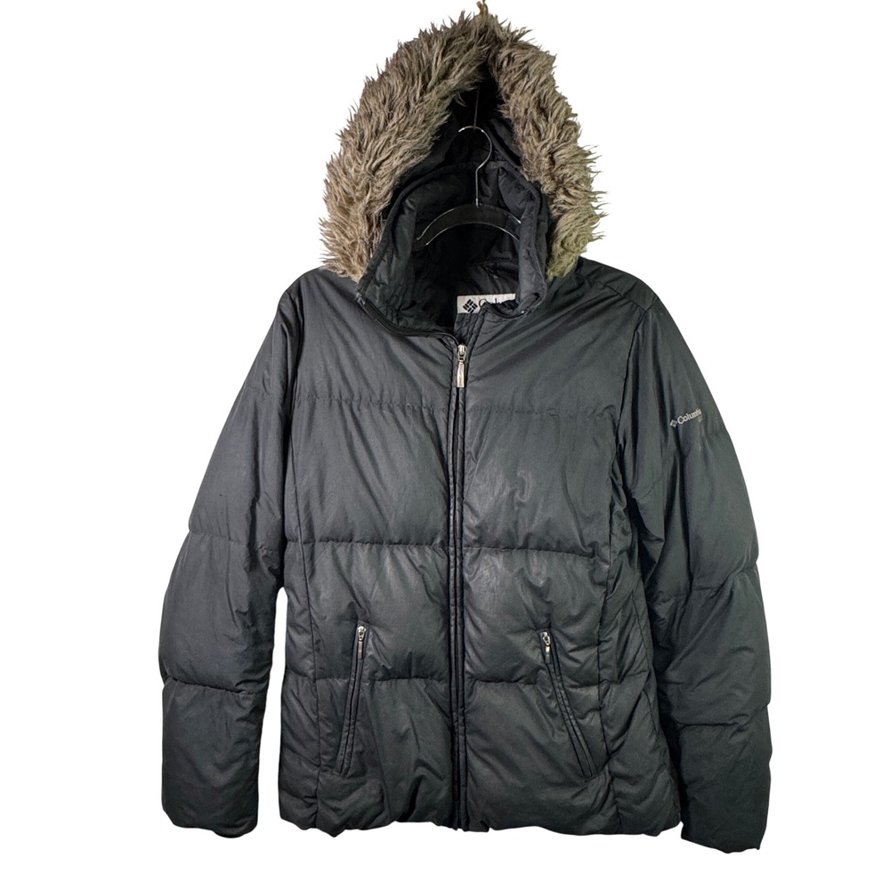 Columbia Puffer‎ Jacket Down Fill Faux Fur Trim Hood Black Women Size S XL5984